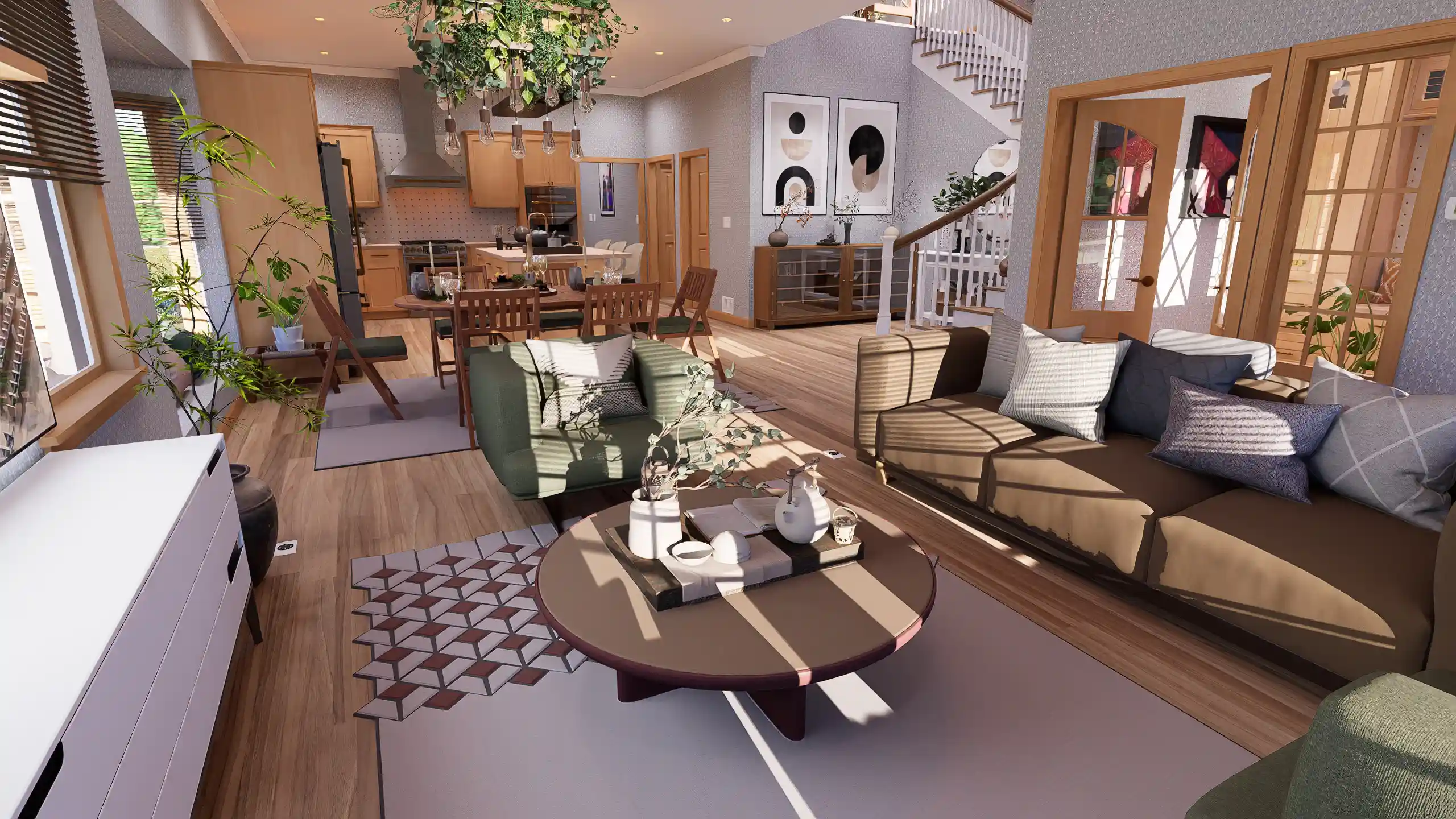 Open living room interior in a 3 bedroom cottage house with large windows, natural light, modern seating, wood flooring, and cozy layout
