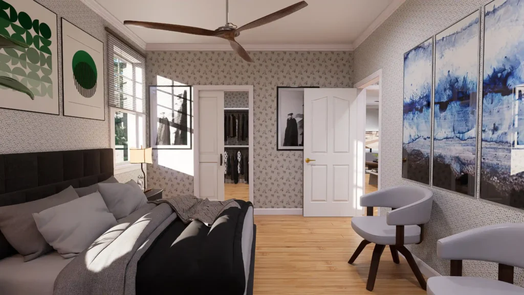 Primary bedroom layout featuring large windows and ensuite access for a luxury craftsman residence