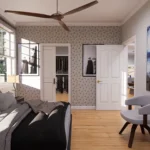 Primary bedroom layout featuring large windows and ensuite access for a luxury craftsman residence