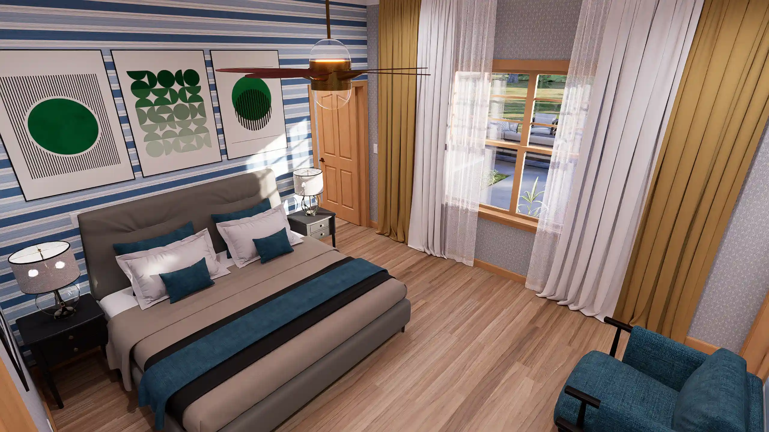 Primary bedroom in cottage house with ensuite bathroom, natural light, modern decor, wooden flooring, and cozy seating