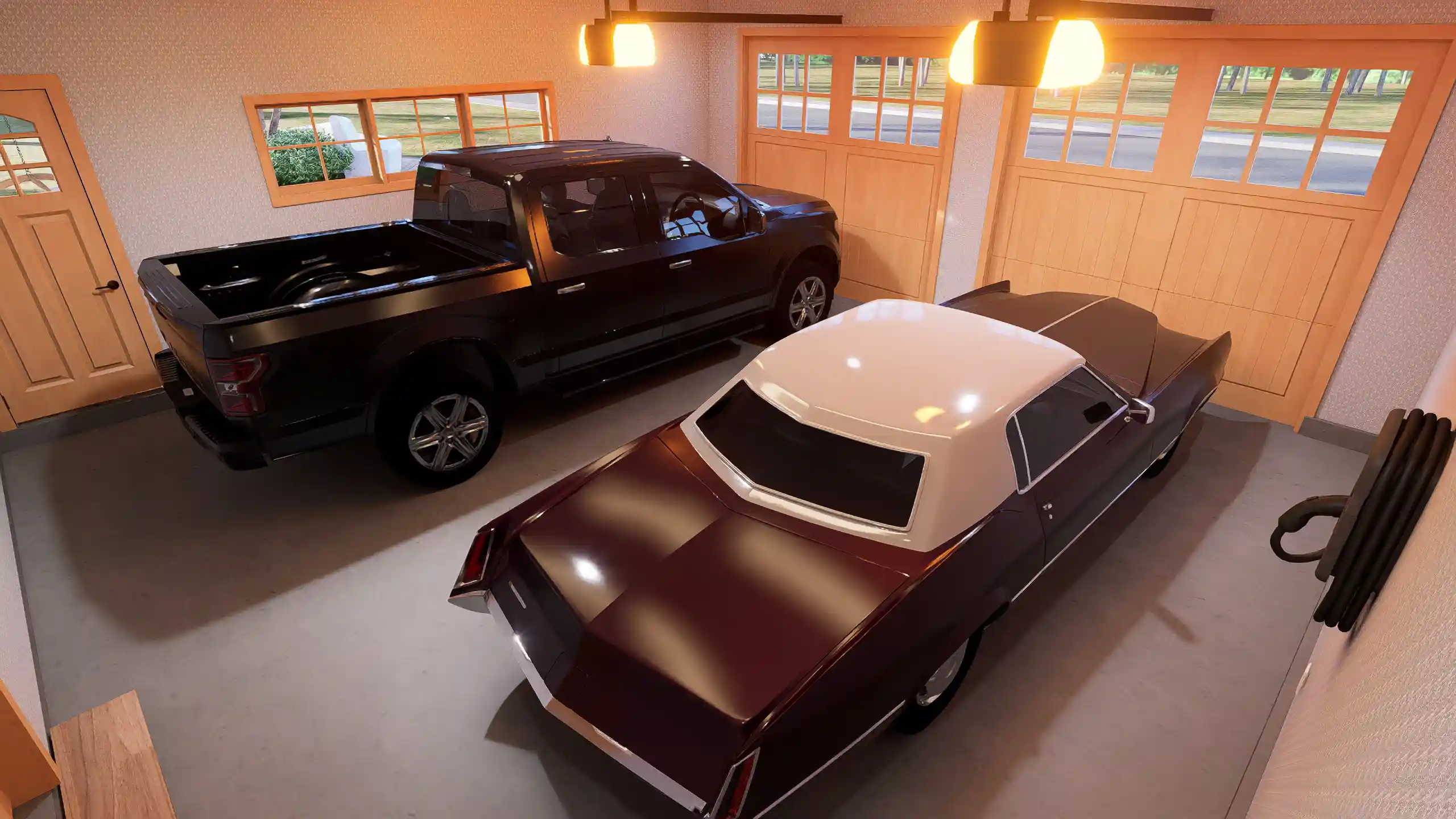Two car garage interior with classic and modern vehicles, overhead lighting, smooth concrete floor, and wooden garage doors