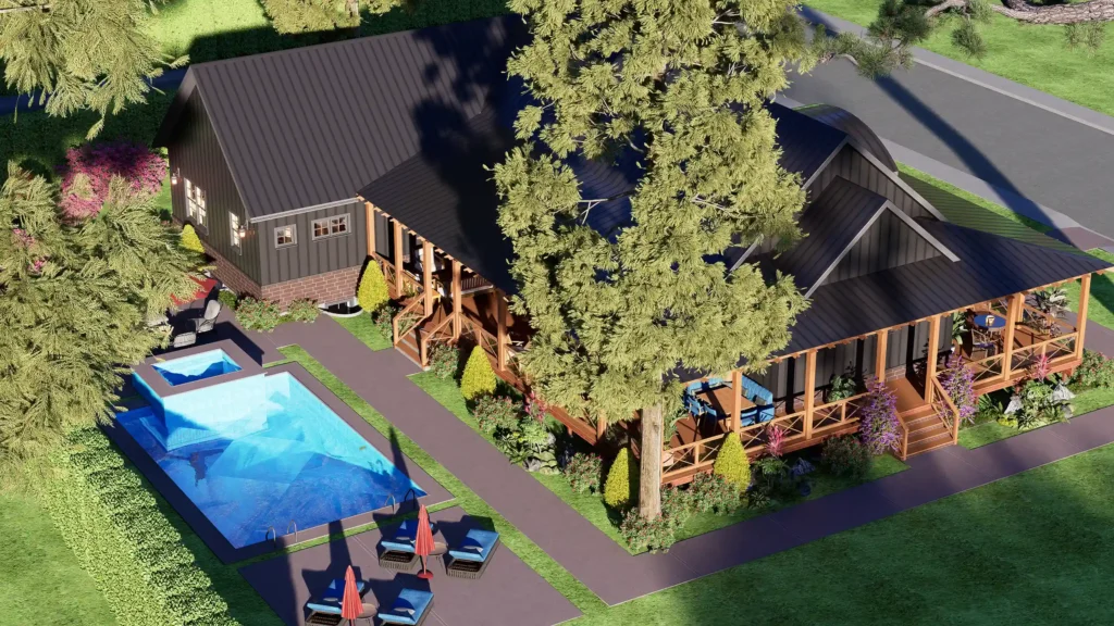 Exterior view of a modern 3-bedroom farmhouse with black vertical siding, a large wooden wraparound porch, and a dark metal roof