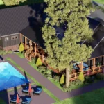 Exterior view of a modern 3-bedroom farmhouse with black vertical siding, a large wooden wraparound porch, and a dark metal roof