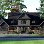 Modern dark charcoal two-story farmhouse rendering with stone accents, multiple gables, and a covered wooden porch, set in a lush forest landscape.