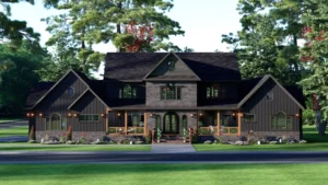 Modern dark charcoal two-story farmhouse rendering with stone accents, multiple gables, and a covered wooden porch, set in a lush forest landscape.