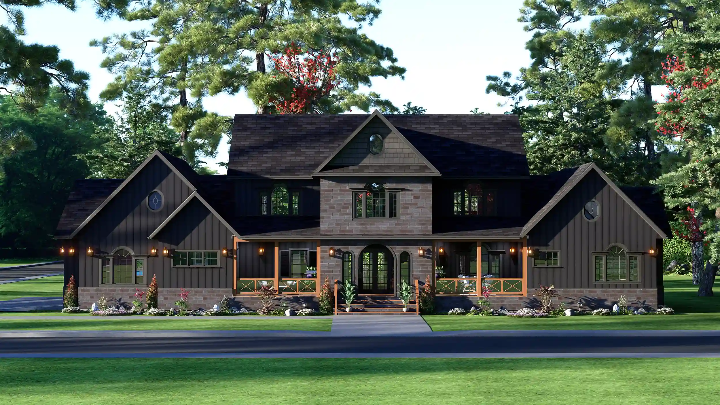 Modern dark charcoal two-story farmhouse rendering with stone accents, multiple gables, and a covered wooden porch, set in a lush forest landscape.