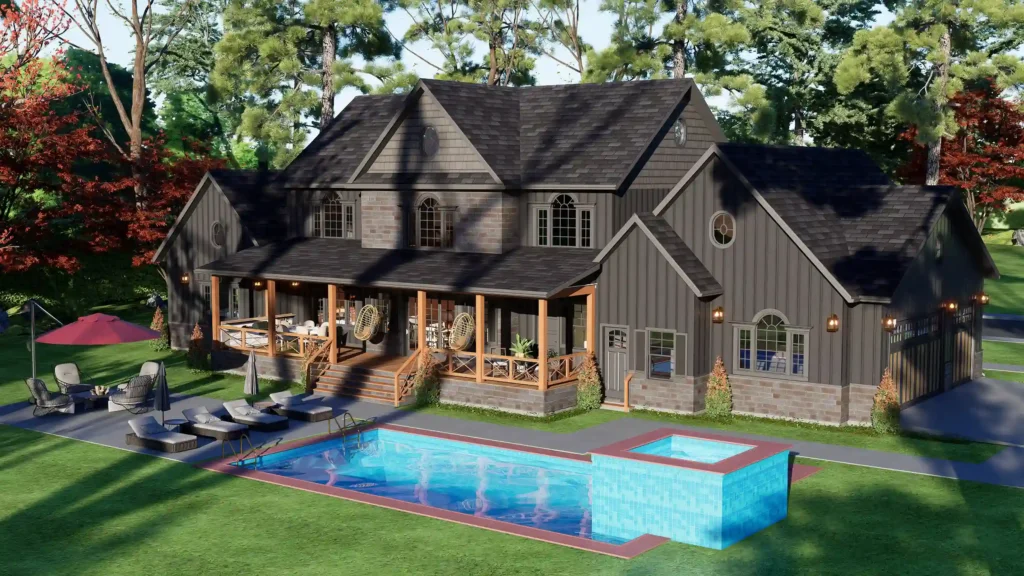 Modern dark charcoal two-story farmhouse rendering with stone accents, multiple gables, and a covered wooden porch, set in a lush forest landscape.
