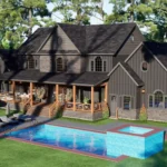 Modern dark charcoal two-story farmhouse rendering with stone accents, multiple gables, and a covered wooden porch, set in a lush forest landscape.