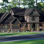 Modern dark charcoal two-story farmhouse rendering with stone accents, multiple gables, and a covered wooden porch, set in a lush forest landscape.