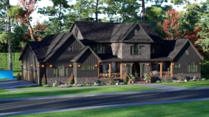 Modern dark charcoal two-story farmhouse rendering with stone accents, multiple gables, and a covered wooden porch, set in a lush forest landscape.