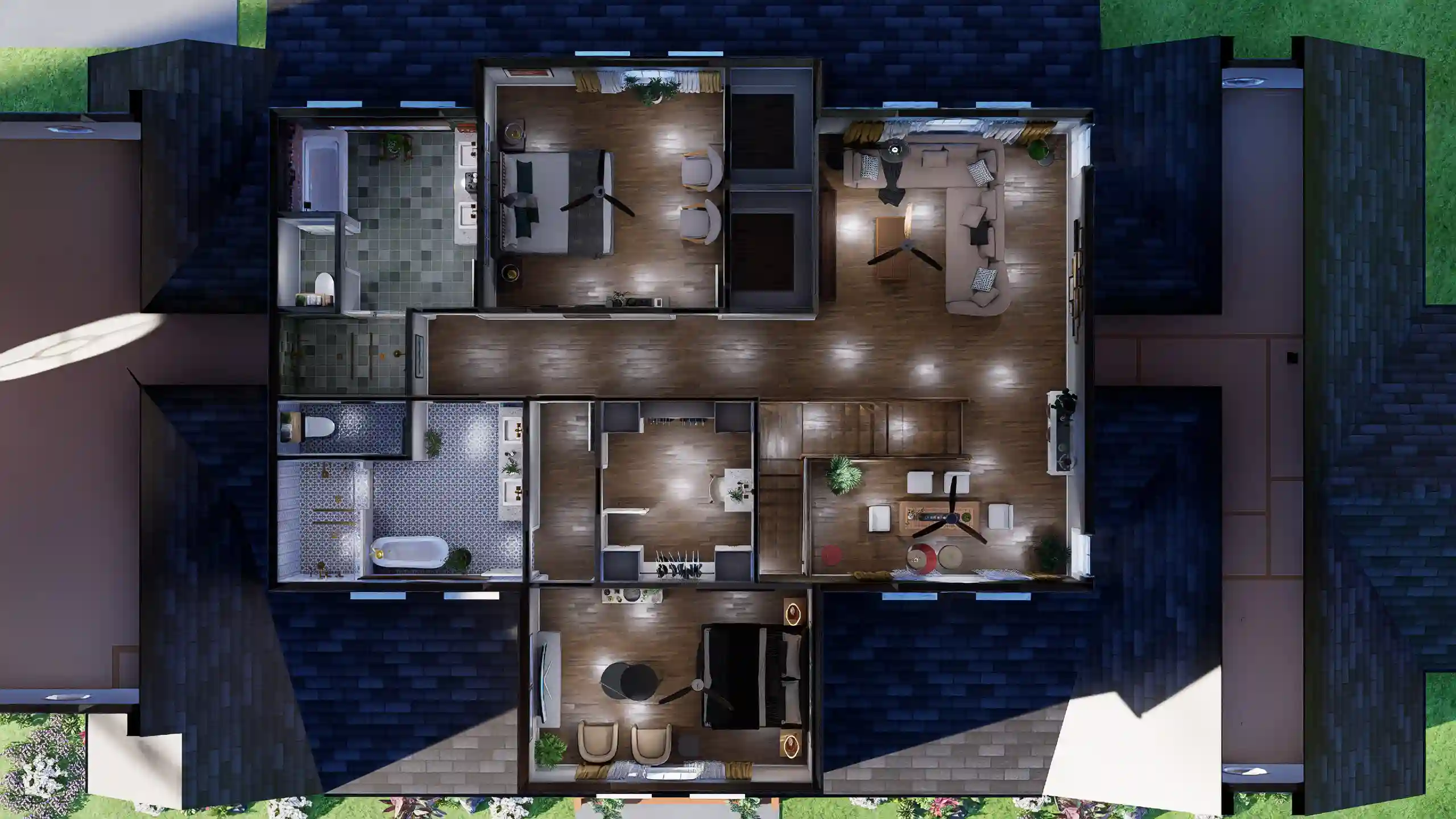 top view of 4 bedroom 2 story house plan