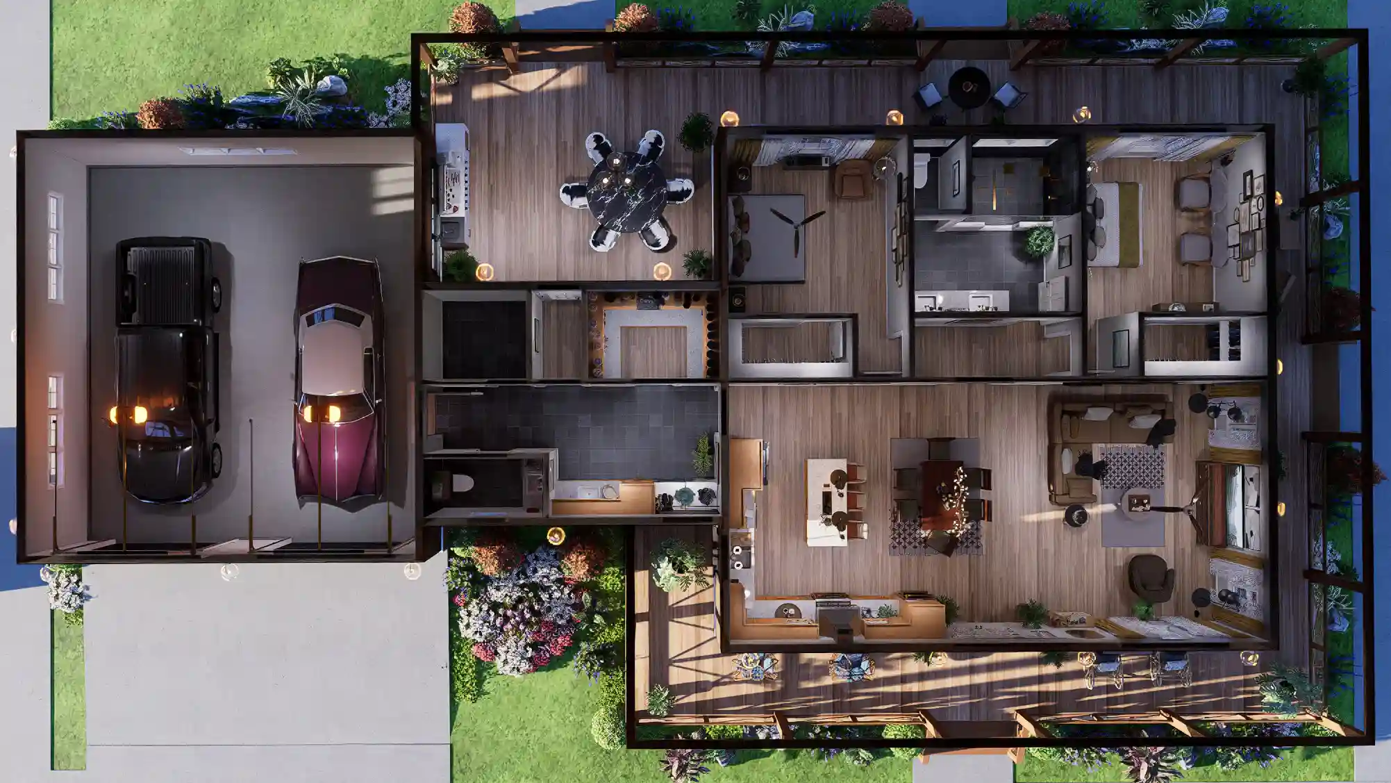 Charming wooden house with porch3d view