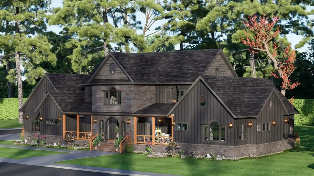 Modern dark charcoal two-story farmhouse rendering with stone accents, multiple gables, and a covered wooden porch, set in a lush forest landscape.