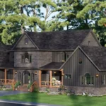 Modern dark charcoal two-story farmhouse rendering with stone accents, multiple gables, and a covered wooden porch, set in a lush forest landscape.