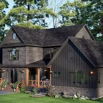 Modern dark charcoal two-story farmhouse rendering with stone accents, multiple gables, and a covered wooden porch, set in a lush forest landscape.