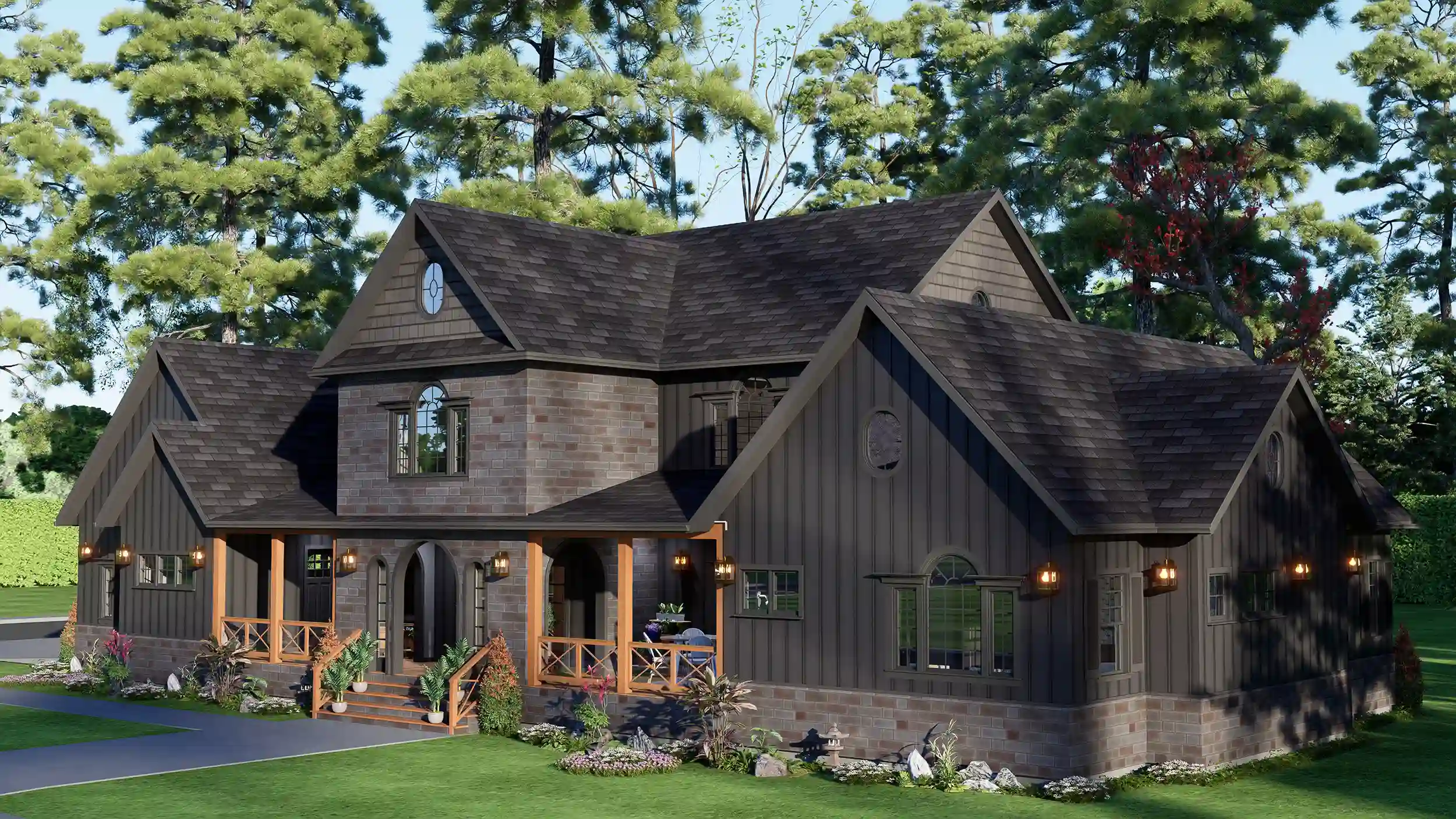Modern dark charcoal two-story farmhouse rendering with stone accents, multiple gables, and a covered wooden porch, set in a lush forest landscape.