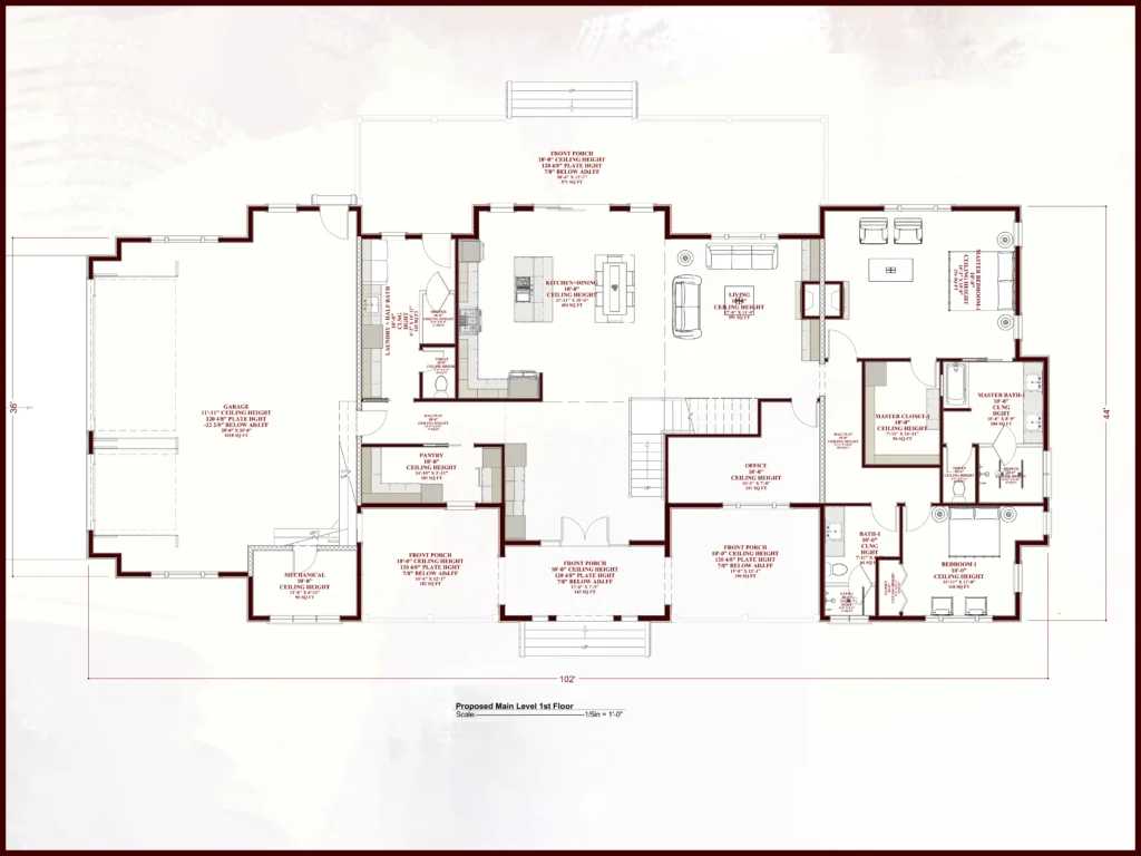 Detailed architectural floor plan for the main level of the Willow-ARCH D44-1, a 4-bedroom 2-story farmhouse. The layout features an open-concept kitchen and dining area, a spacious living room, a master suite with a walk-in closet, a second bedroom, a home office, and a large 1,018 square foot garage.