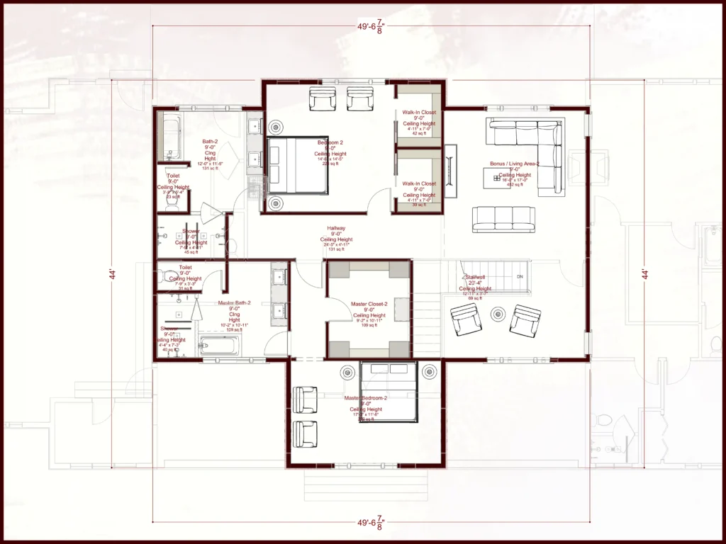Detailed architectural floor plan for the main level of the Willow-ARCH D44-1, a 4-bedroom 2-story farmhouse. The layout features an open-concept kitchen and dining area, a spacious living room, a master suite with a walk-in closet, a second bedroom, a home office, and a large 1,018 square foot garage.